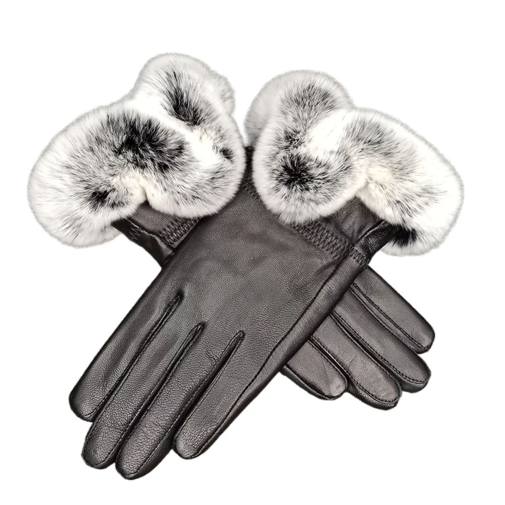 Leather Gloves Winter Women's Rex Rabbit Fur plus Velvet Thermal and Windproof Full-Grain Sheepskin Gloves Wholesale