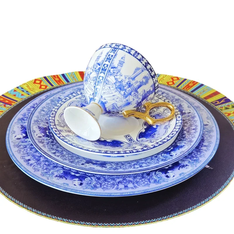 

European retro blue and white gold-painted bone china exquisite tall teacup coffee with cup saucer 10.5-inch flat plate