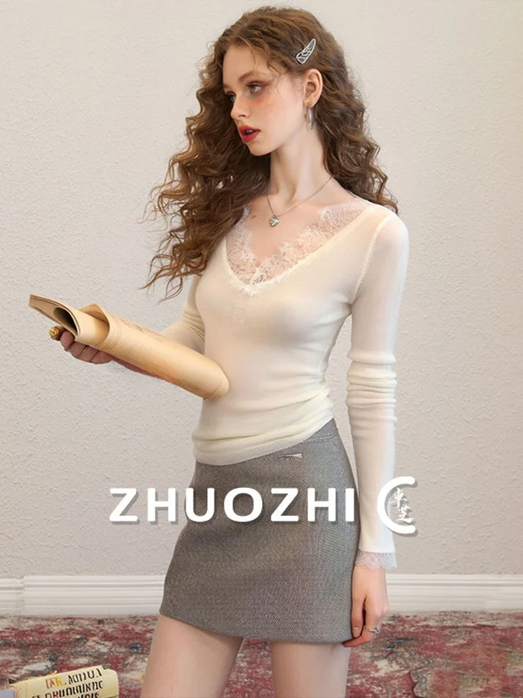 

Ele V-ne Lace Splice Long Sve Knitted irt Women's Base Layer Top Spring 2026 New Arrival Comfortable Breathable