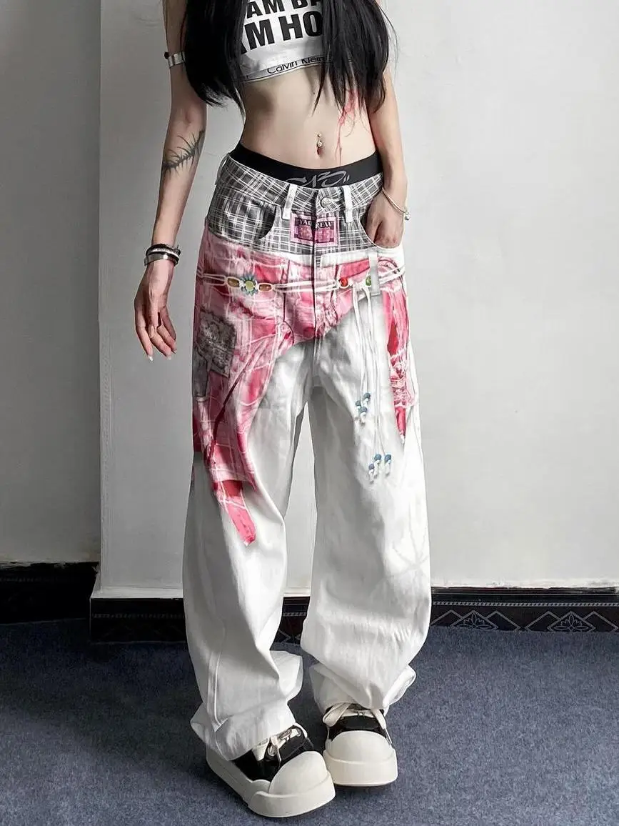 

American Vibe Washed Printed Jeans Women Spring Autumn New Street Straight Loose Slimming Wide-Level Pants