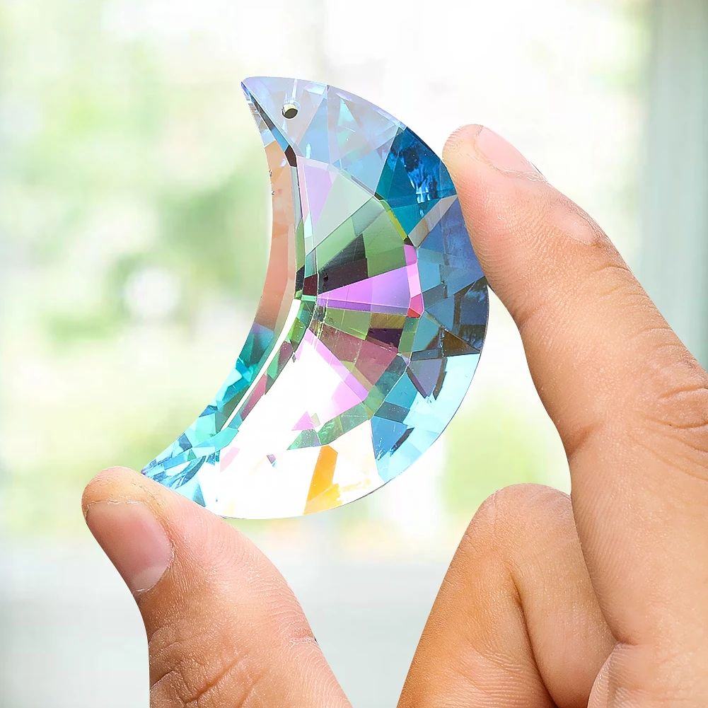 50MM Polished AB Color Laser Faceted Prism Moon Crescent Glass Crystal Pendant Rainbow Sun Catcher Chandelier Dangle Lamp Parts