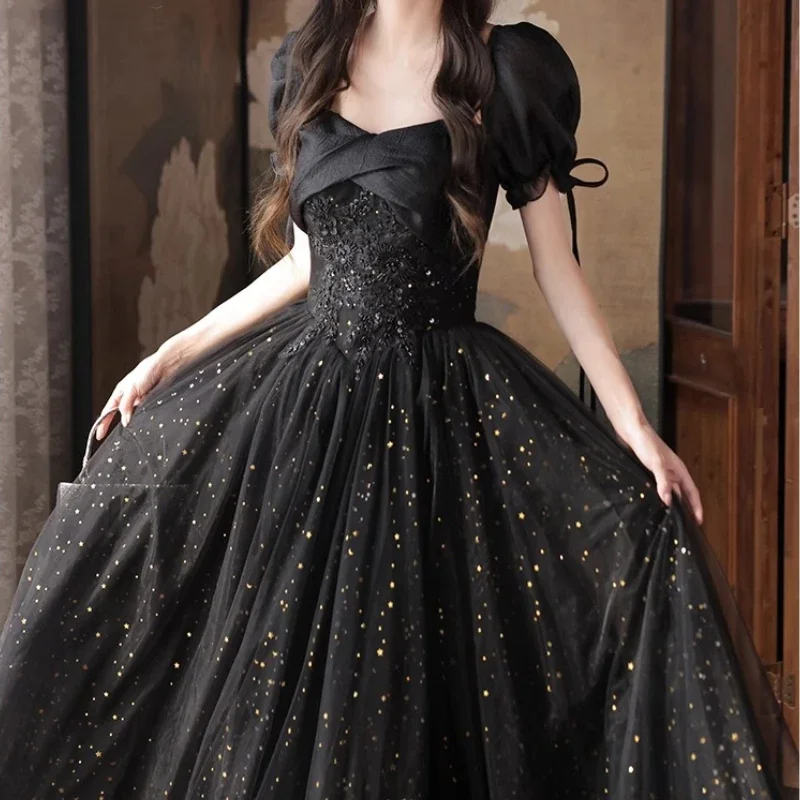 Customized Exquisite Adjustable Square Collar Puff Sleeve Bow Lace Up Prom Dress Slim A-line Straps Design Gown Long Sequin Tier