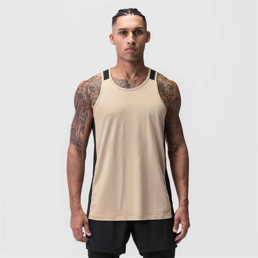 2023 New Men Tank top Gym Mesh splice Workout Fitness Bodybuilding sleeveless shirt clothing Sports Singlet vest men Undershirt