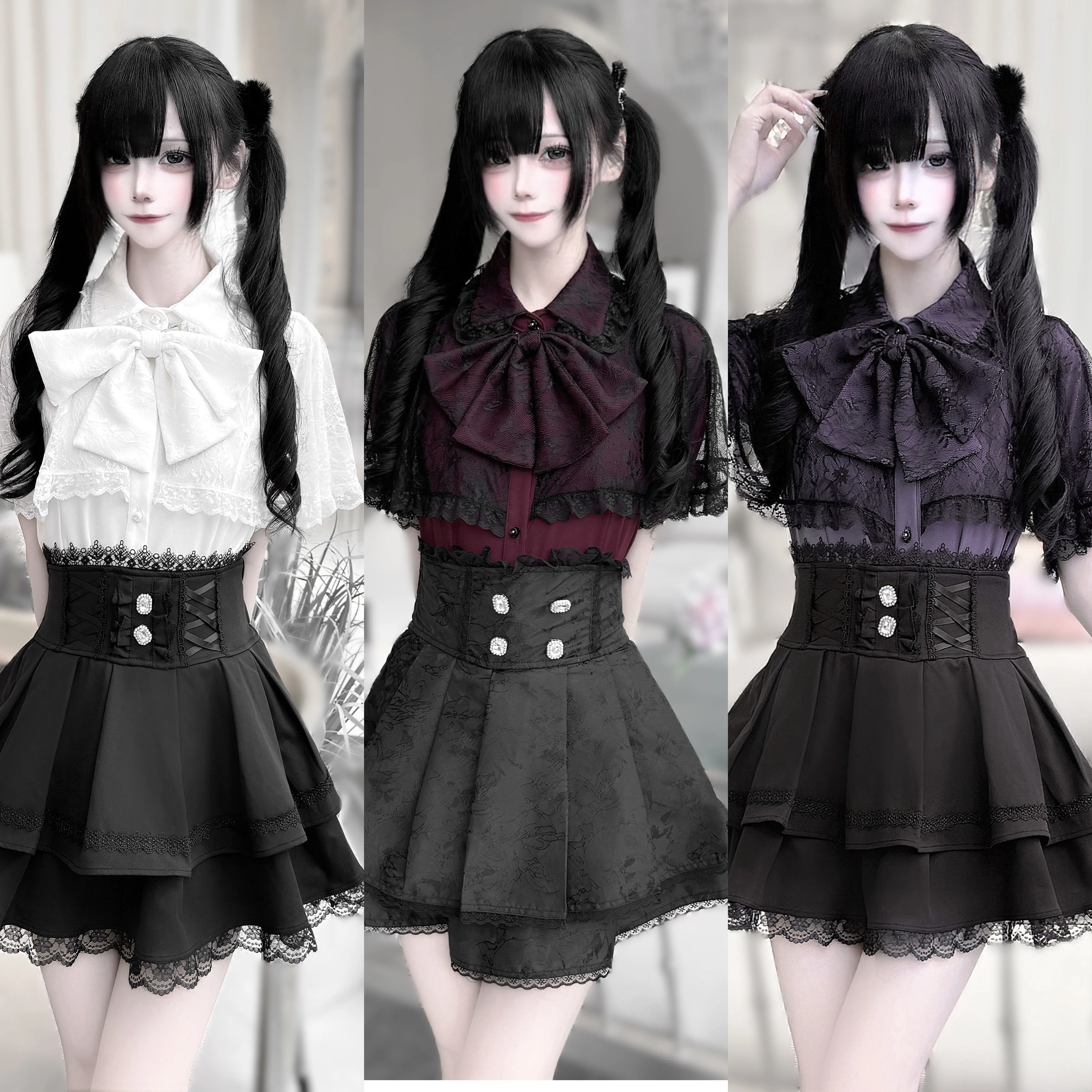 

Coalfell Japanese Gothic Lolita Lace Cloak Patchwork Blouse Women Summer Harajuku Sweet Short Sleeve Shirt Cute Girly JK Bow Top