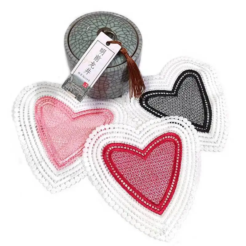 2PCS Love-shaped coaster table mat insulation pad water soluble lace embroidery flower patch embroidery pocket flower accessorie