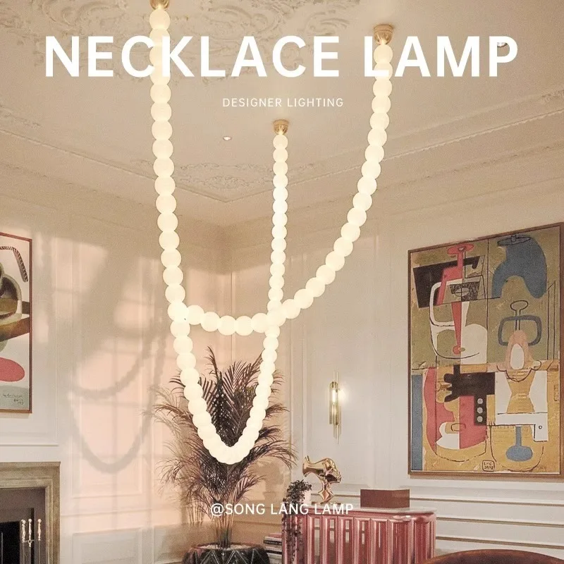 

Postmodern living room pearl necklace pendant lamp villa duplex building cantilevered hall lamp dining room French line lamp