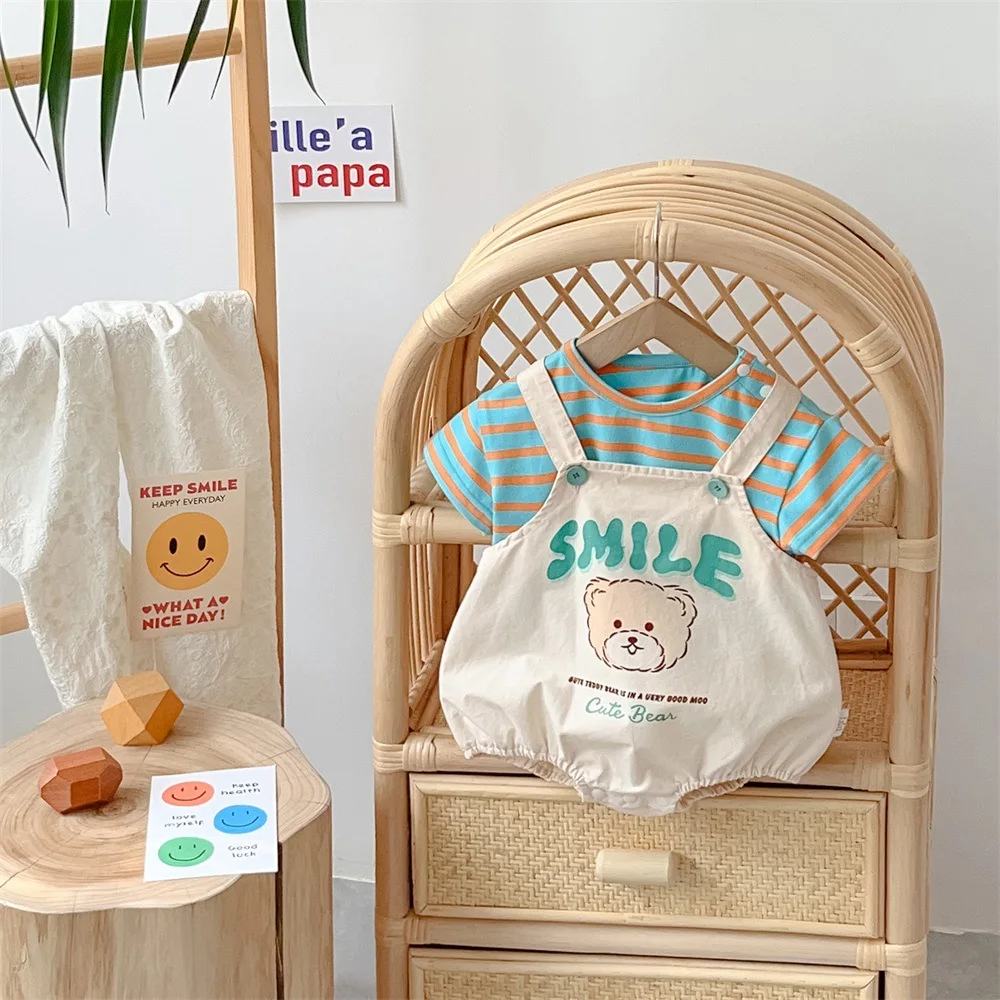 

2024 Summer New in Kids Baby Boys Girls Cute Cartoon Clothing Set 2pcs 3M-3Y , Infant Striped T-shirts+print Bear Overalls