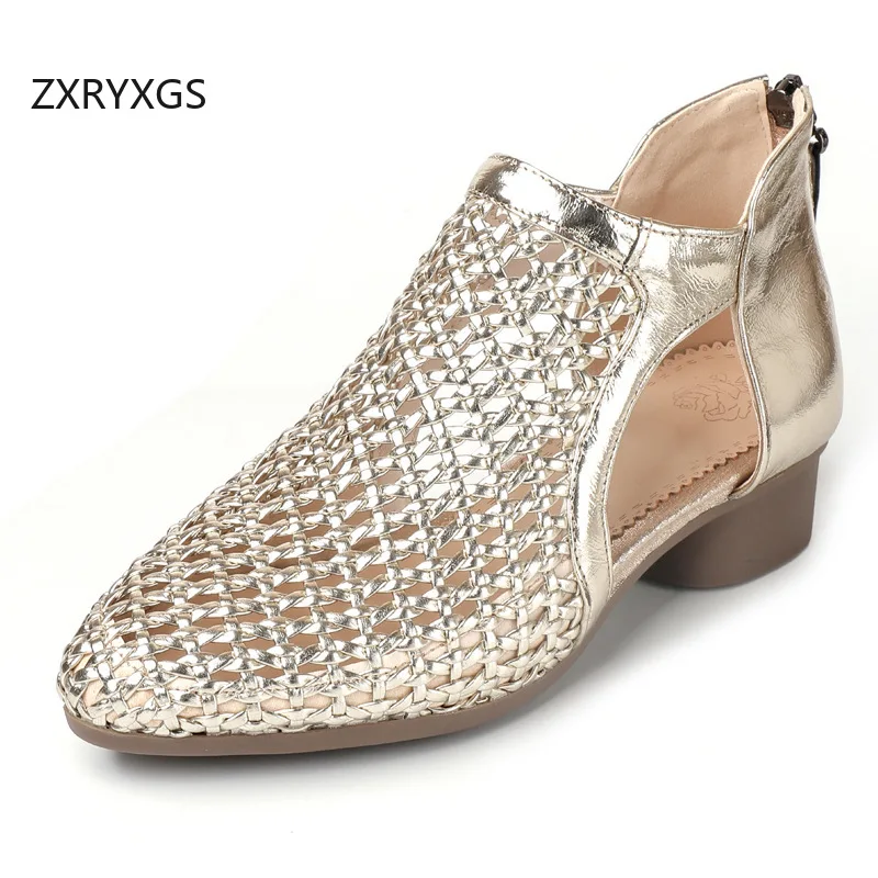 

ZXRYXGS 2026 New Summer Round Toe Side Open Woven Hollow Sandals Women Cool Boots Comfortable Low Heel Fashion Sandals Big Size