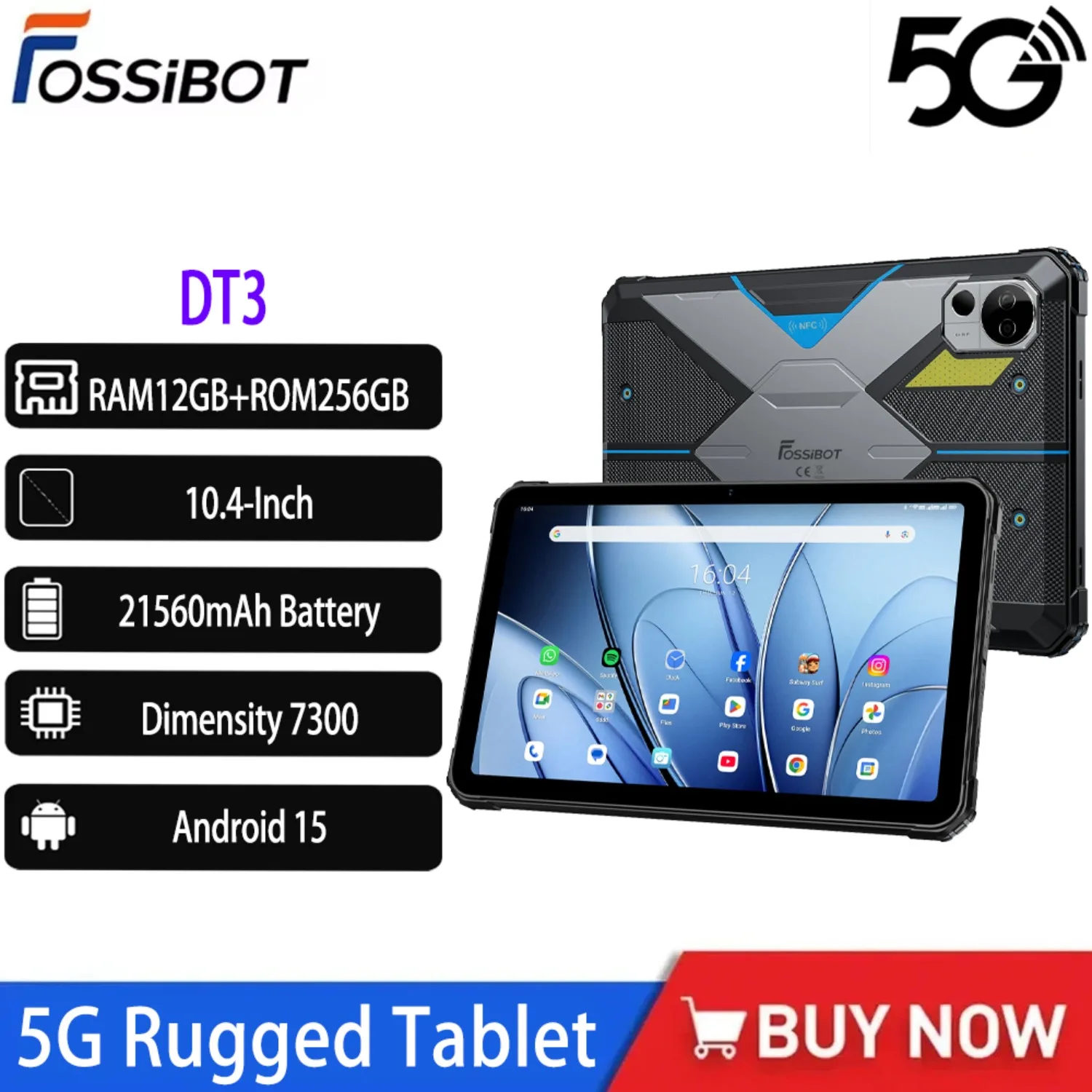 NEW FOSSiBOT DT3 Rugged Tablet 10.4-Inch 12GB+256GB Dimensity 7300 5G 64MP 21560mAh Battery 66W Charging NFC WIFI6 Android 15