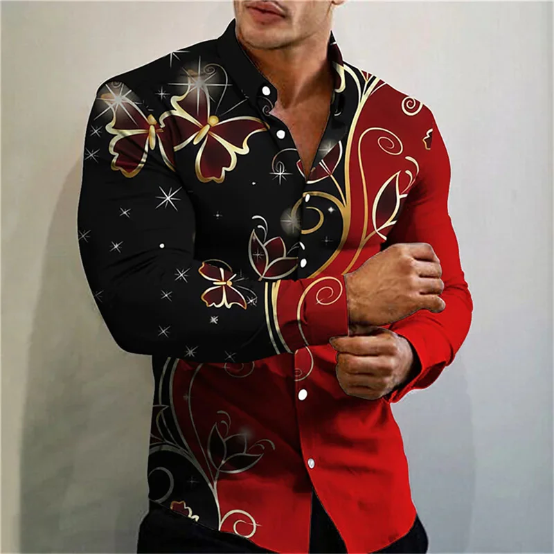 Colorful Butterflies Pattern Hawaiian Shirts For Men Fashion 3D Printed Blouse Autumn Casual Loose Aloha Shirts Long Sleeves