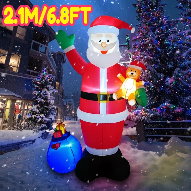 2.1M/6.8FT Inflatable Santa Claus teddy bear gift bag  lights LED home decorations Toys Yard Xmas holiday Decor Supplies
