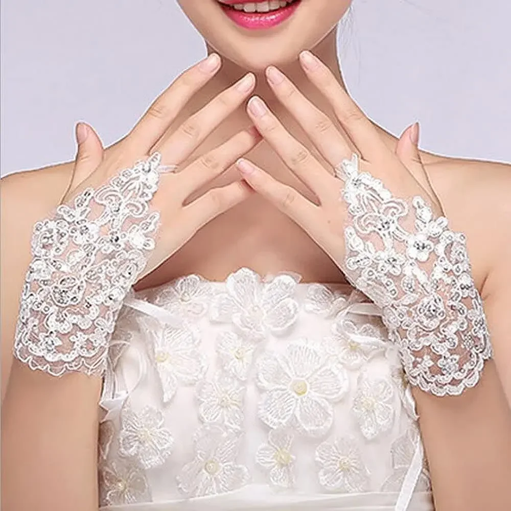 Ivory 5.9 Inches Long Lace and Rhinestone Bridal Gloves for Women. Fashion Wedding Accessories Short Mitten for Girls