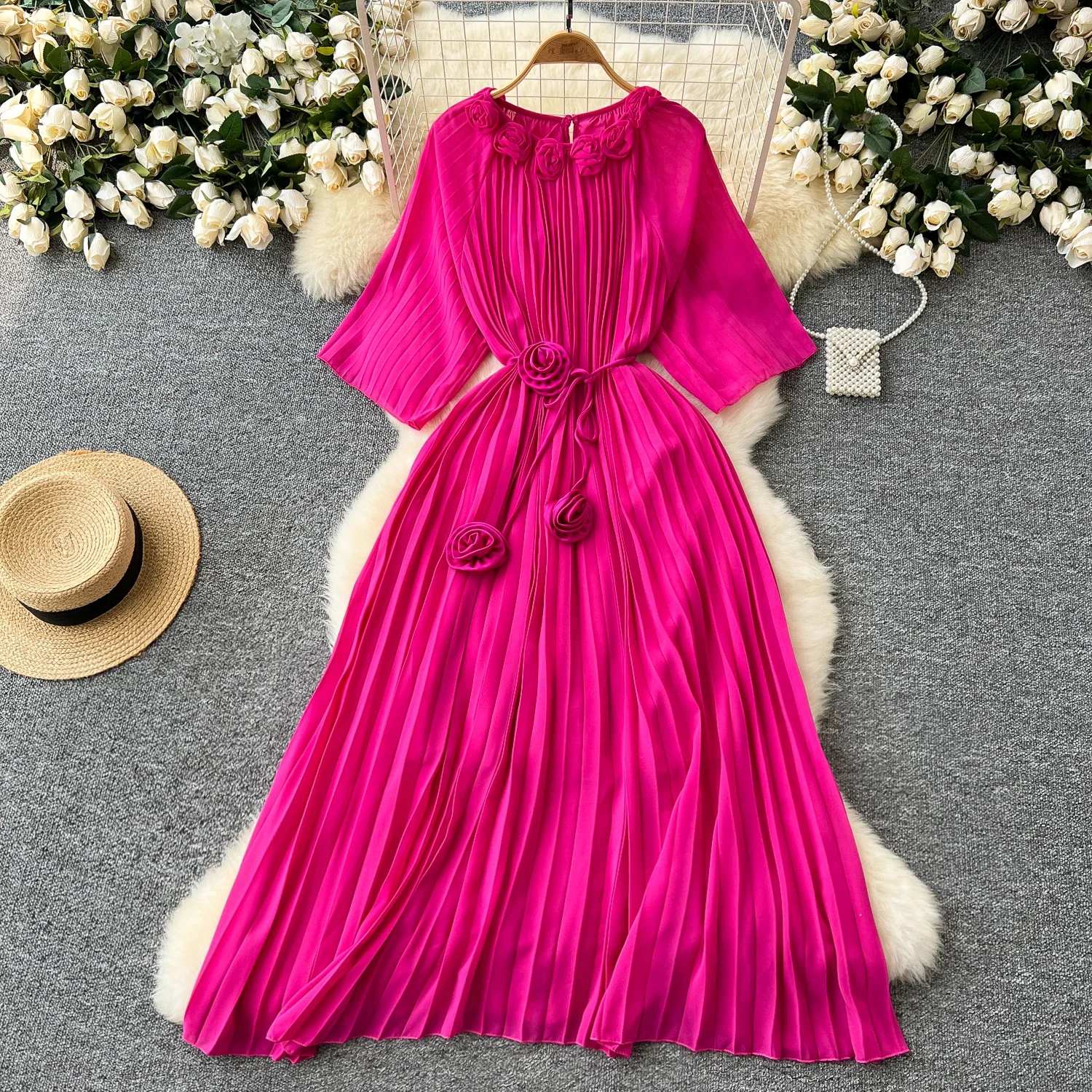 

French Vintage Elegant Oneck Short Sleeve Pleated Dress Women Basics Fashion Summer Spring Dresses