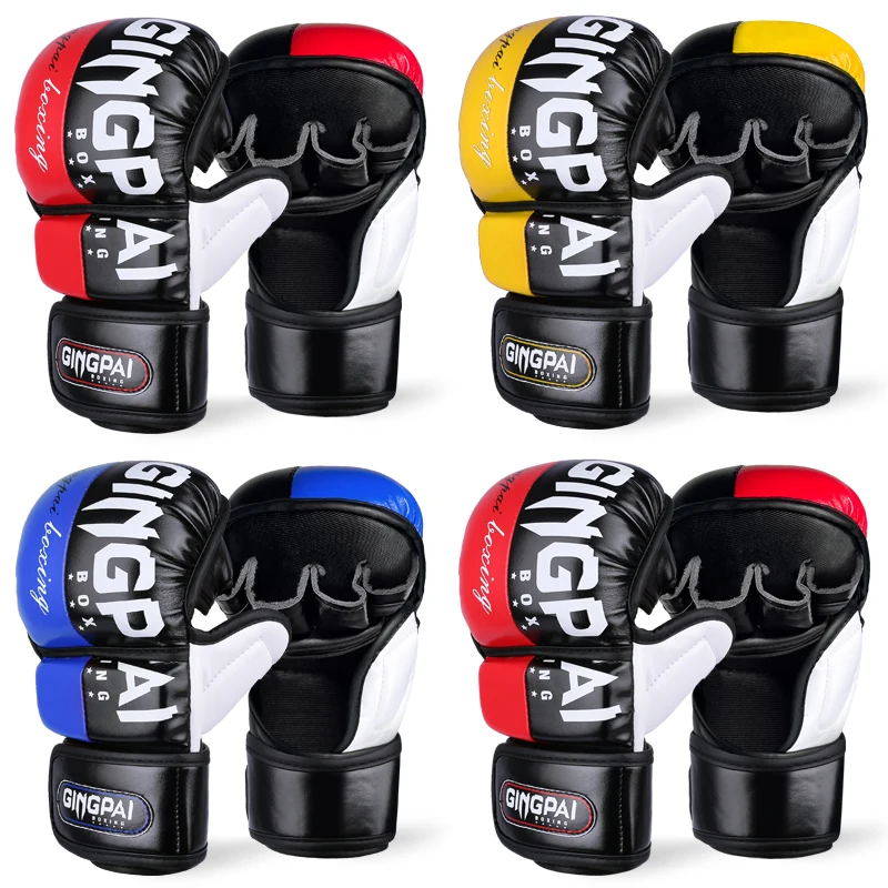 Half Finger MMA Gloves For Men Women Black Leather Boxing Glove Open Palms Muay Thai Sparring Frighting Punching Bag Fingerless