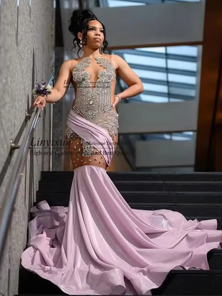 

Sexy Pink O Neck Long Prom Dresses For Black Girls Customized Crystal Diamond Birthday Dress Gowns Tassel Homecoming Robe De