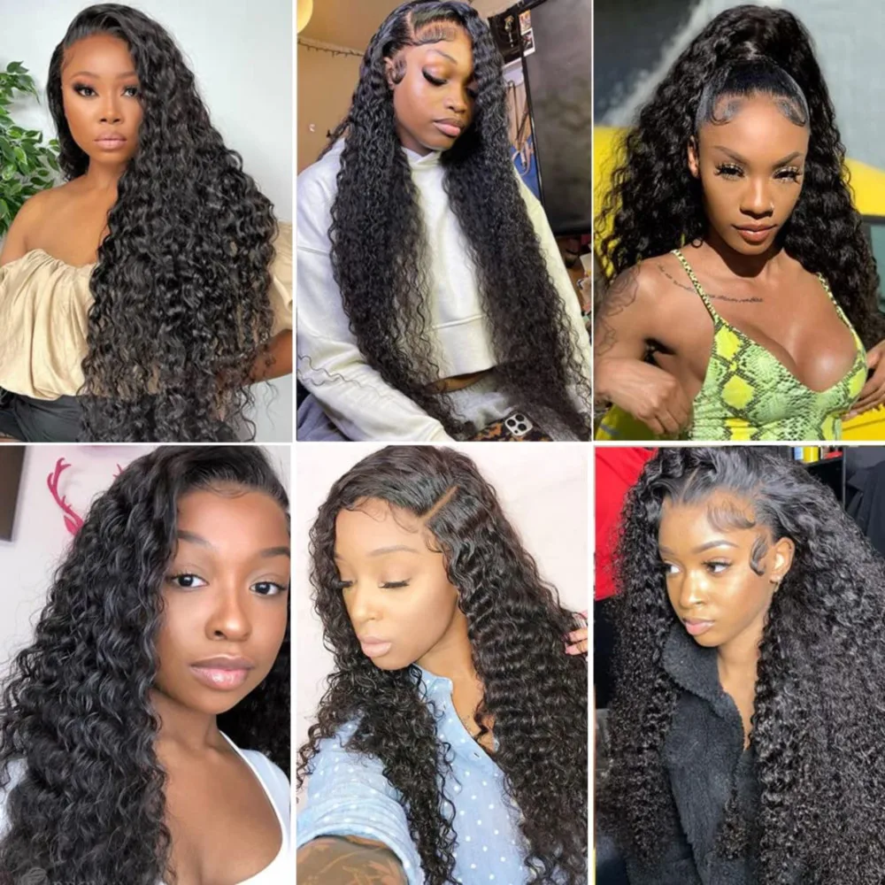 Curly Bundles Human Hair Deep Wave Human Hair Bundles With Closure 13X4 Lace Frontal Natural Black #1B Extensions 24 26 28 Inch