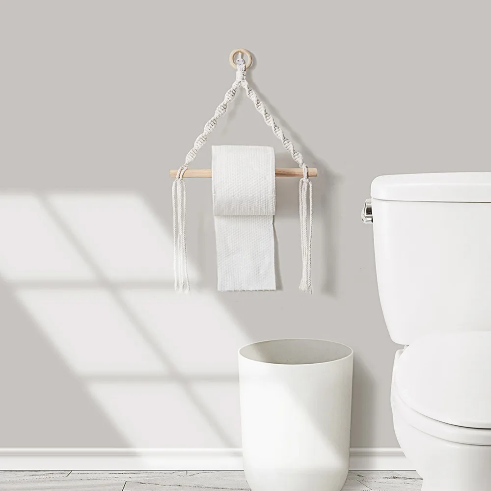 2pcs Rustic Wall Mounted Paper Towel Holder Cotton Rope Anti Static Boho Toilet Roll Holder Towel Rack For Bathroom