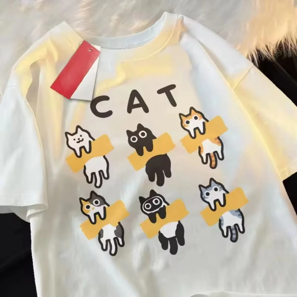 

Летняя футболка с короткими рукавами - новинка 2023 года в Корейском стиле с принтом кота в стиле ретро, свободный пуловер, топ, повседневная удобная модная летняя одежда