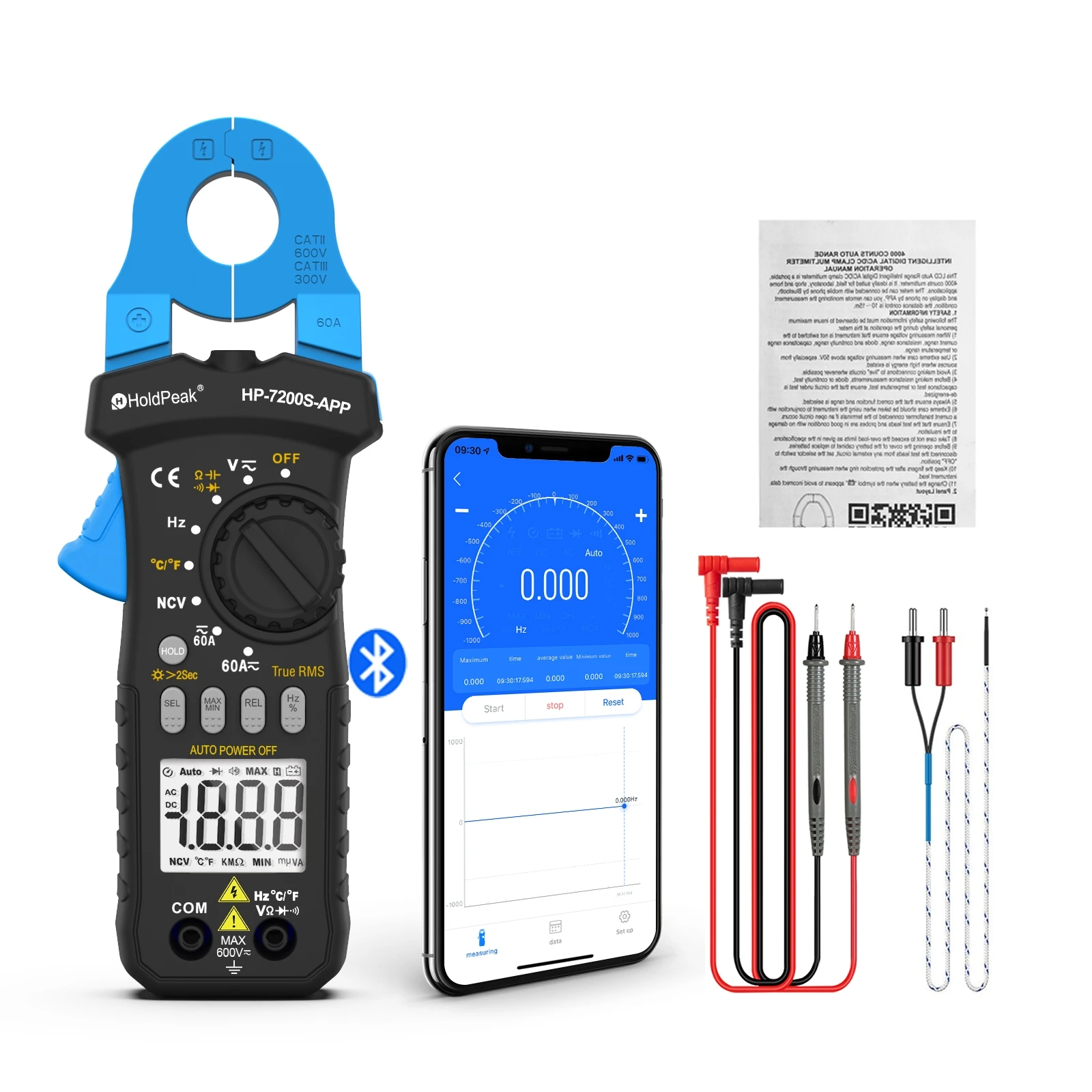 HP 6000 Counts Digital Clamp Meter Handheld Bluetooth Multimeter Voltage Tester Auto-Range 60A/400A TRMS w/NCV DC & AC,7200S-APP