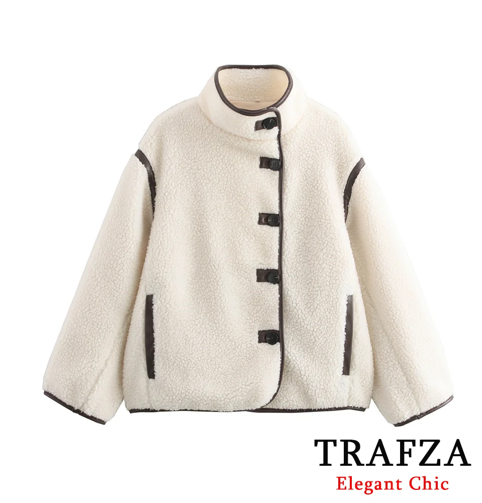 TRAFZA Women Casual Fleece Loose Jacket Coat String Button O-Neck Pocket Jacket 2024 Fall Winter Fashion Shaggy Commute Coat