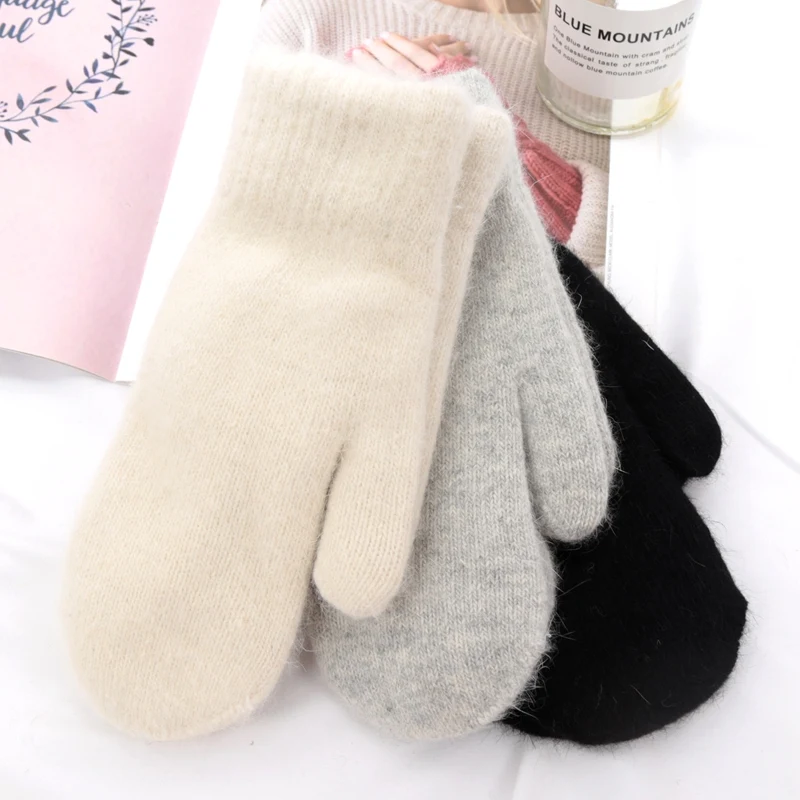 Doppelschichtige Damen-Handschuhe, niedlich, weich, solide, Plüsch, flauschig, Winter, warm halten, Handschuhe, Kälteschutz, winddicht, verdickte Fäustlinge
