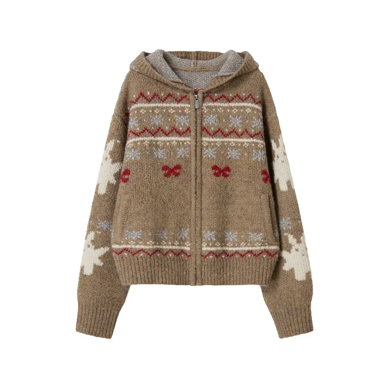 

Brown Knitted Print Set Women's Early Autumn Fashion Two-Piece Suit American Style Warmth-Bearing Short Sleeve Long Sleeve