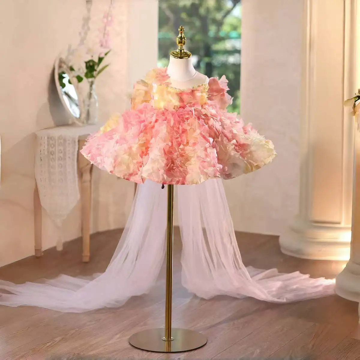 

Jill Wish J590 Роскошное коралловое платье с цветочным узором для девочек длиной до колена со шлейфом, детское праздничное платье принцессы на свадьбу, 1-й день рождения