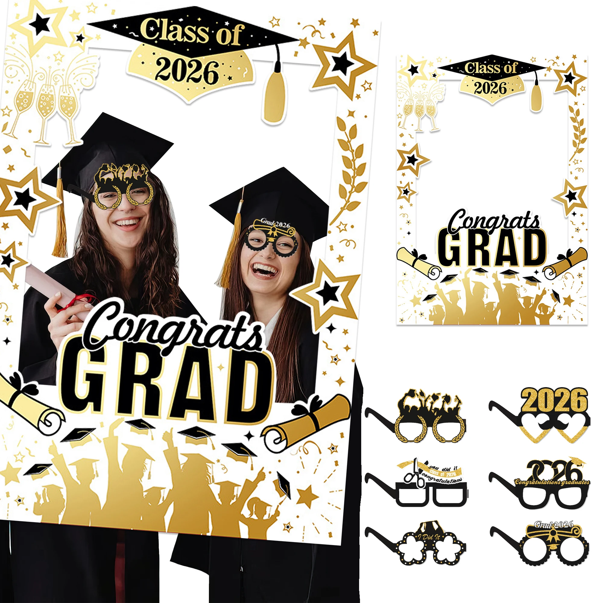 Marco y Accesorios para Fotomatón de Graduación Clase de 2026, Kit de Fotomatón Negro y Dorado con Felicitaciones para Decoración de Fiesta de Graduación