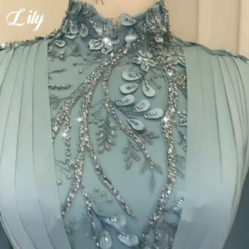 Lily Green Muslim Evening Dress High-Neck Long Sleeves Prom Dress  Flower Type Shiny Sequins Pleating Ball Gown Dubai Customized image 2