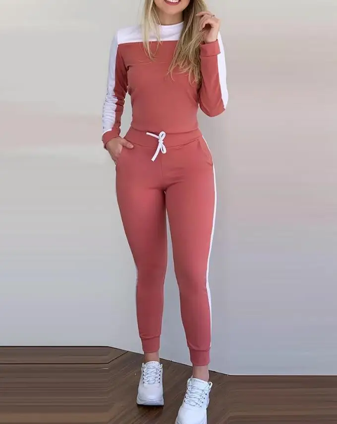 

Women's Two Piece Casual 2024 Winter Colorblock Round Neck Long Sleeve Top and Pocket Design Drawstring Skinny Sweatpants Set