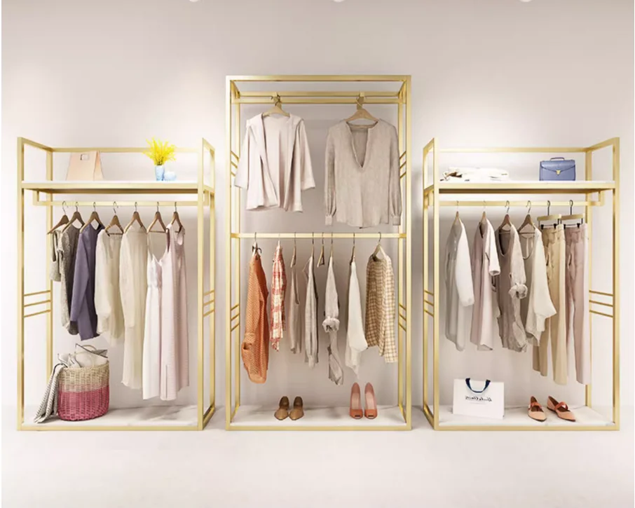 Clothing store display rack, floor standing women's clothing nano gold display shelf, double-layer high cabinet hanging rack