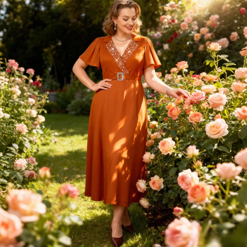 A Line Plus Size Dress with Short Sleeves Beaded Lapel and Waist Belt Perfect for Church Weddings or Elegant Daytime Occasions