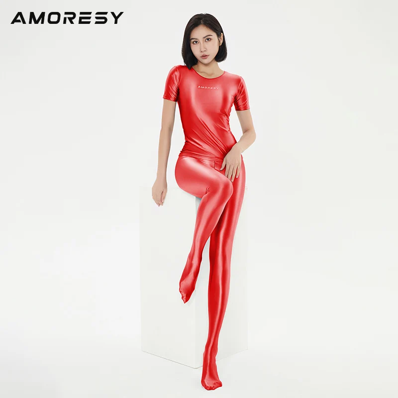 AMORESY electa series color half sleeve shiny silky elastic bottomed Tight Sexy T-shirt