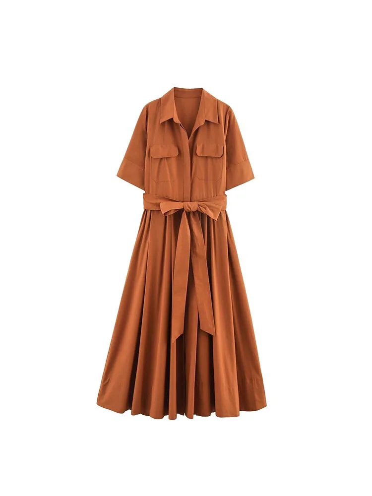 

2025 Women Summer Shirts Dresses Fashion Solid Sashes Bow Poplin Short Sleeve Female Elegant Street MIDI Dresses Clothing