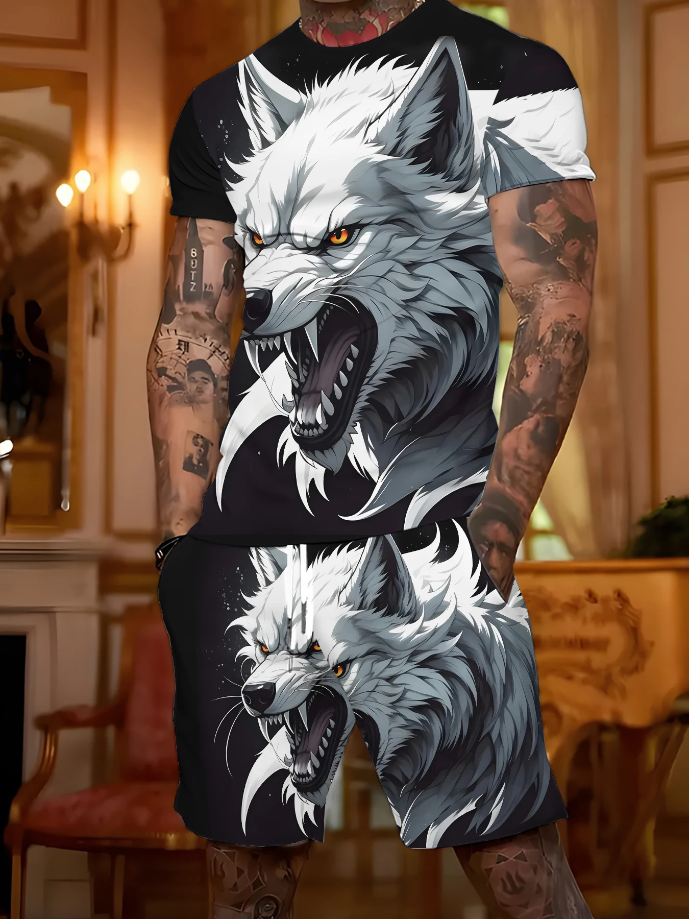

Мужской энергичный и дикий костюм, комплект из двух предметов с принтом «Белый волк», повседневный топ и шорты для активного отдыха
