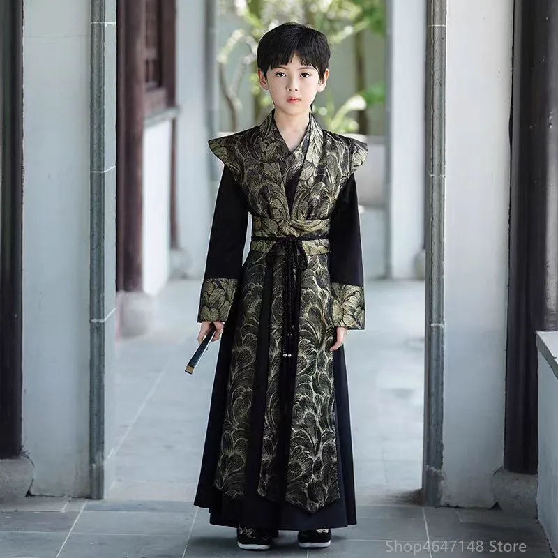

Одежда Hanfu для мальчиков, комплект детской одежды, синий, красный, традиционный китайский костюм, сценический весенне-осенний улучшенный детский костюм Hanfu