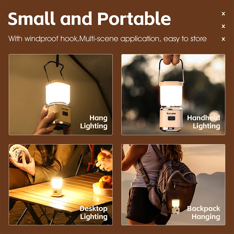 WEST BIKING Mini Outdoor Camping Light Portable Camping Atmosphere Lantern 4 Light Modes Type-C Fast Charging Hanging Tent Light