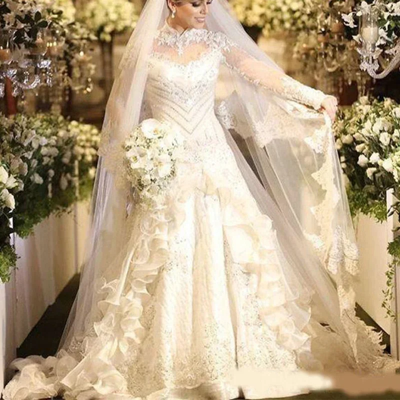 Customized  High Collar Appliques Beads Wedding Dresses Illusion Long Sleeves Buttons Back Multi-Layered Skirt Bridal Gown