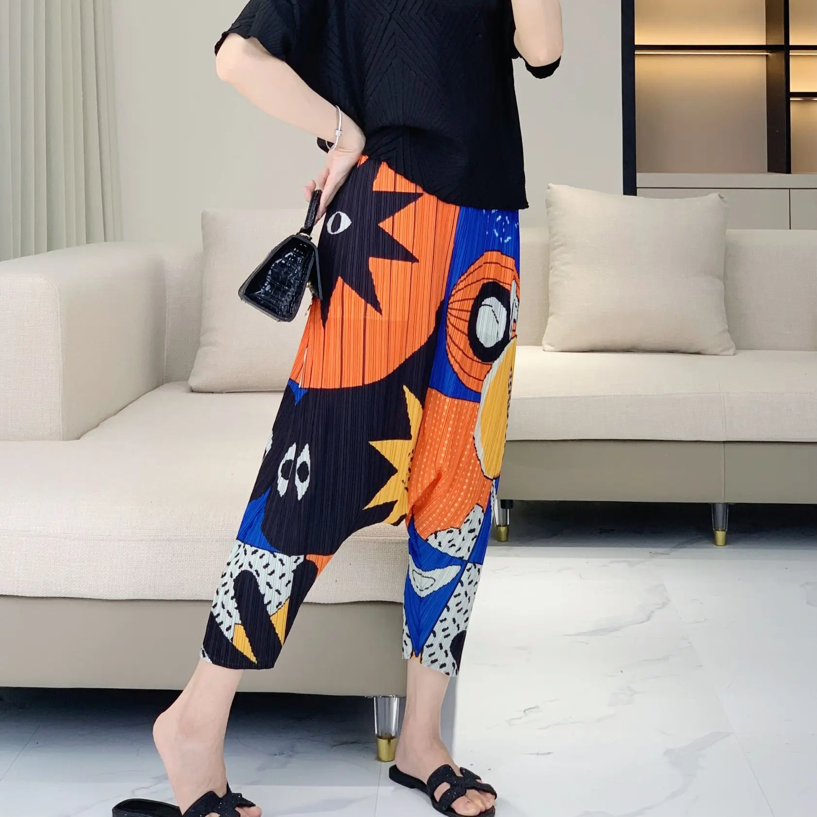 High-end Pleats Pleated  Printing Mid-high Waist Crotch Trousers Casual Versatile Thin Nine-minute Trousers Female Summer New