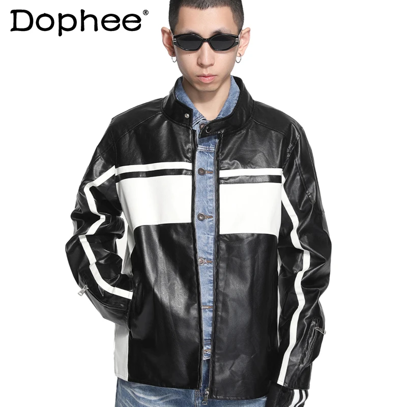

Men Women 2025 Fashion American Style Retro Motorcycle Style Contrast Color Stand Collar Leather Jackets Loose Leather Jackets