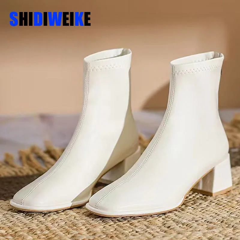 

SDWK New Women Zipper Мартин сапоги Comfortable Mid Heel Ankle Boots Fashion Shoes Black White Square Heel Women boots AD4422