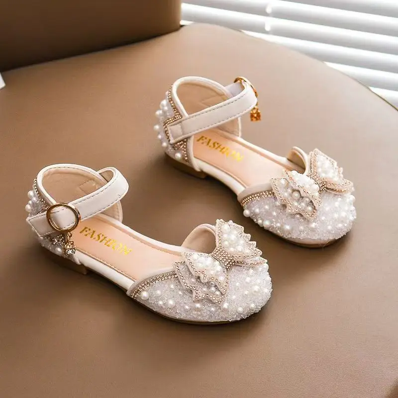 Girl's Summer New Bowknot Closed Toe Sandals Soft sole Round Toe Hollow Out Cover Heel Buckle Strap Flat sole Princess Sandals