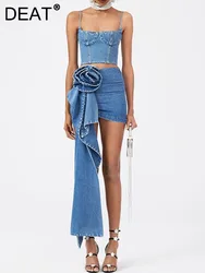 DEAT Fashion Women Jeans Strapless Camisole Zipper Rose Patchwork Skirt Slim Sleeveless Streetwear Spring 2024 New Tide 7AB3261