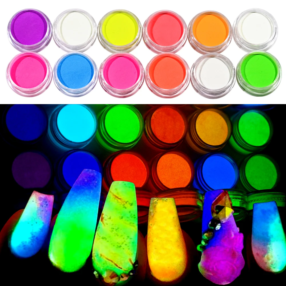 

12Pcs Neon Powder Chrome Pigment Set Fluorescent Nail Glitter Gradient Effect Rubbing Dust Glow In The Dark Manicure Decorations