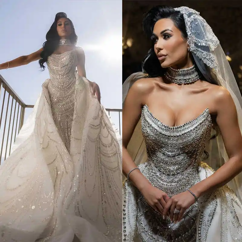 فساتين زفاف رائعة حورية البحر بدون حمالات كريستال مطرز بالخرز فساتين زفاف مصنوعة حسب الطلب فساتين حفلات بدون ظهر Vestido de novia