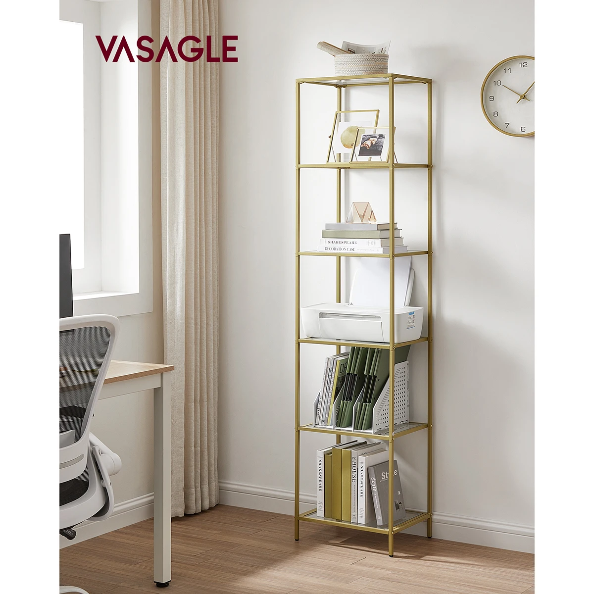 VASAGLE 6 Tier Glass Shelf Bookcase Storage Cabinet Thin Steel Frame for Bathroom Living Room Office Bedroom Gold LGT500A01