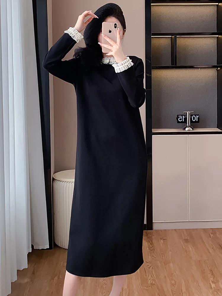 

2025 Black Long Sleeve Loose Waist Long Dress Women Elegant Patchwork Ruffled Stand Collar Dress Autumn Winter Bodycon Vestidos
