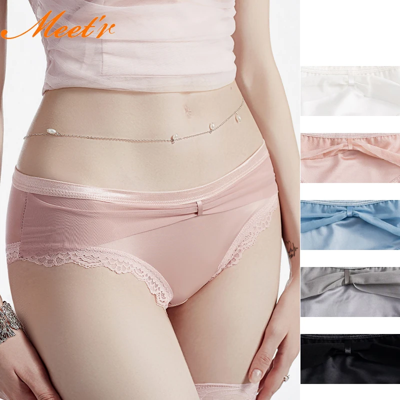 Meet'r Frauen Schleife Nahtlose Transparente Mesh Dreieck Höschen Französisch Spitze Sexy Satin Unterwäsche Low-taille Versuchung Dessous