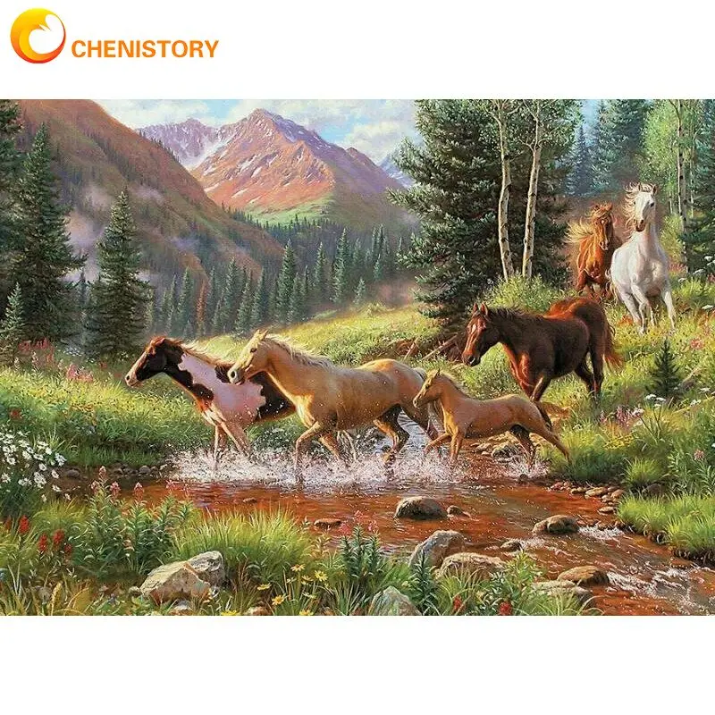 CHENISTORY Oil Painting By Numbers For Adults Coloring By Numbers Running Horses Pictures By Numbers Artwork Home Decor Gift