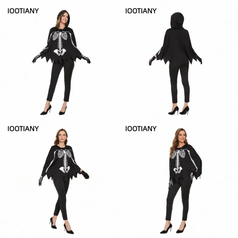 

IOOTIANY Halloween Horror Skeleton Pants Set Adult Women Gothic Skeleton Cape Dead Vampire Pirate Cosplay Carnival Party Costume
